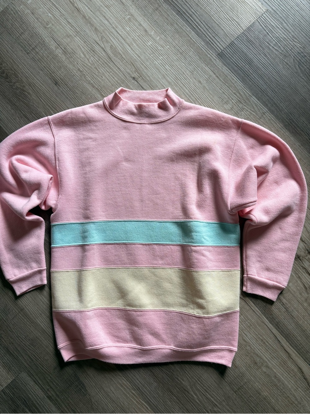 Vintage 90s Mock Neck Striped Sweatshirt Small Pastel Pink Cream Made in USA